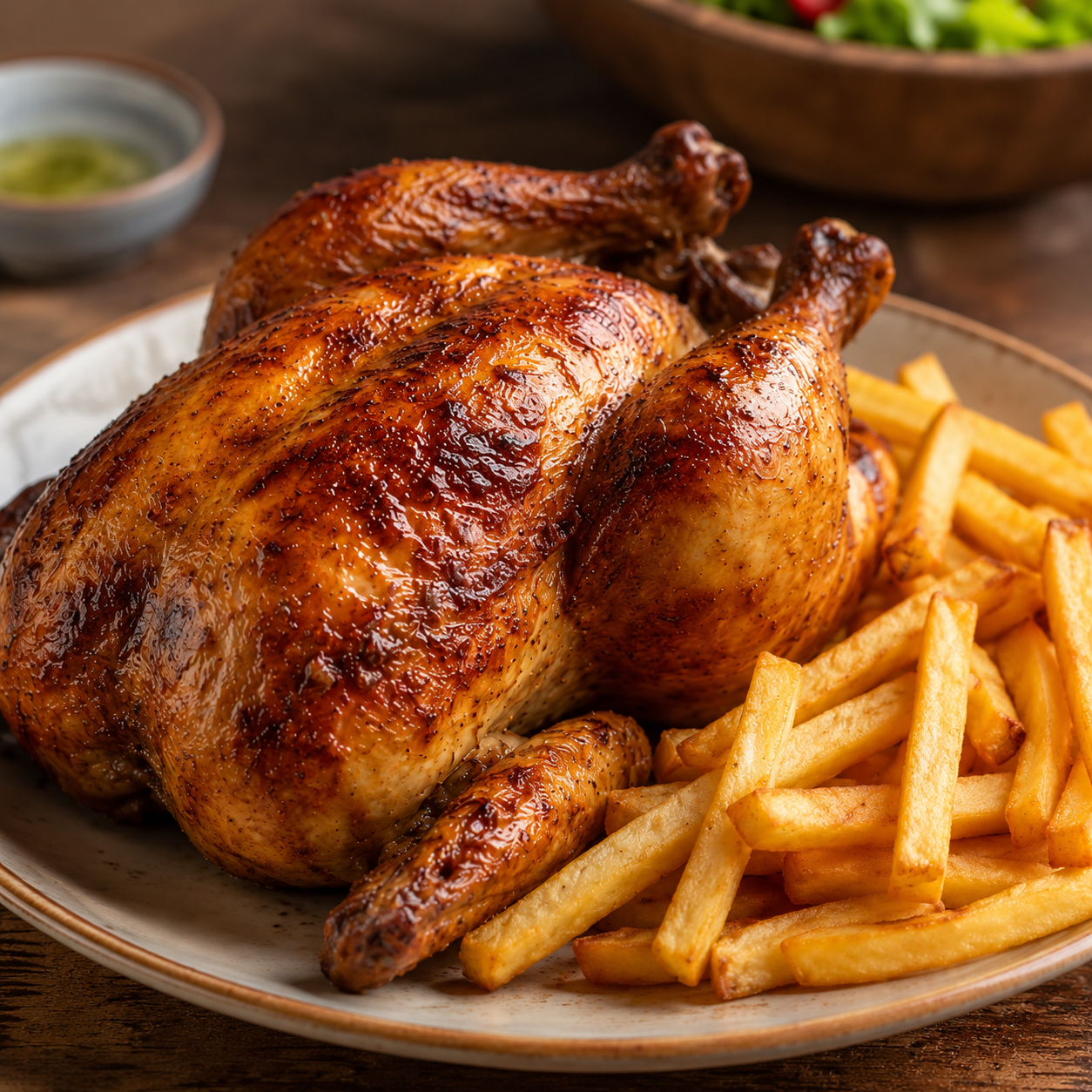 Pollo asado con papas fritas 4 porciones